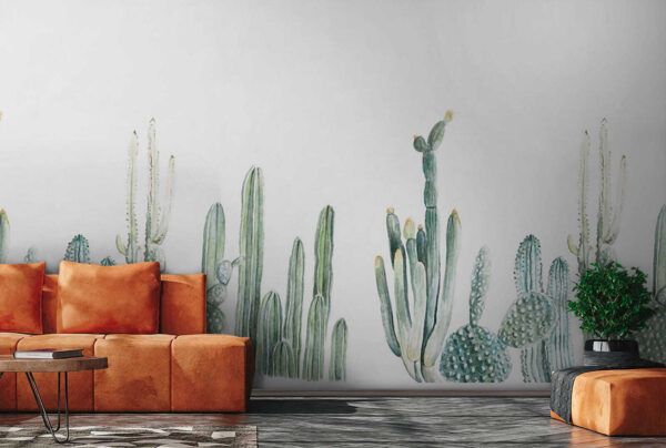 Aquarelle de cactus disposés en rangées Papier peint Aquarelle de cactus disposés en rangées