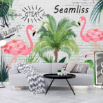 Papier peint Mur avec flamants roses et palmiers