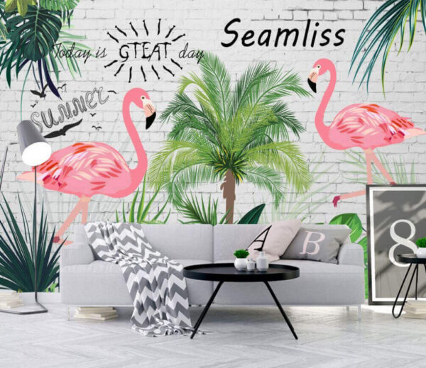 Mur avec flamants roses et palmiers Papier peint Mur avec flamants roses et palmiers