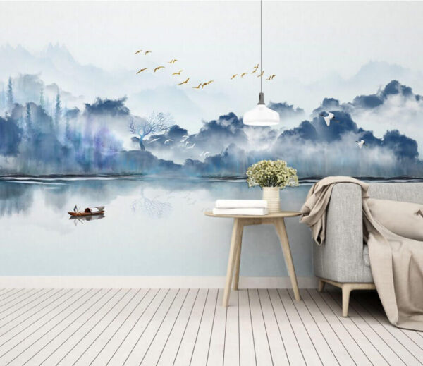 Peinture d'un bateau sur l'eau avec des oiseaux volant dans le ciel Papier peint Peinture d'un bateau sur l'eau avec des oiseaux volant dans le ciel