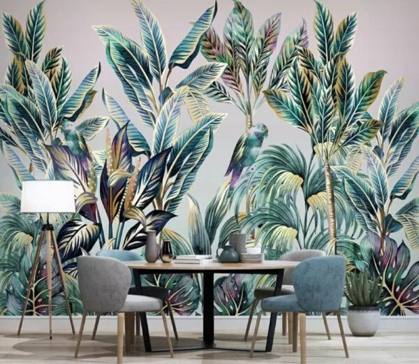 Feuillage tropical avec des oiseaux cachés Papier peint Feuillage tropical avec des oiseaux cachés