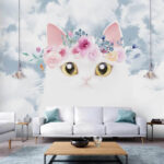 Papier peint Chat blanc avec couronne florale, ciel.