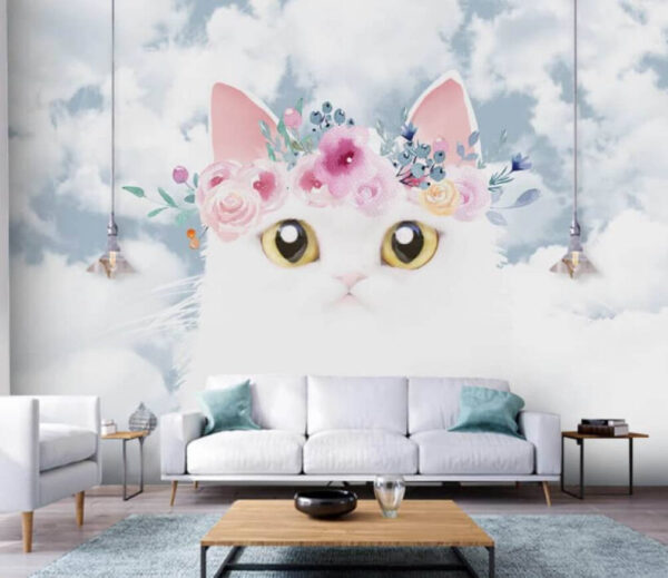 Chat blanc avec couronne florale, ciel Papier peint Chat blanc avec couronne florale, ciel