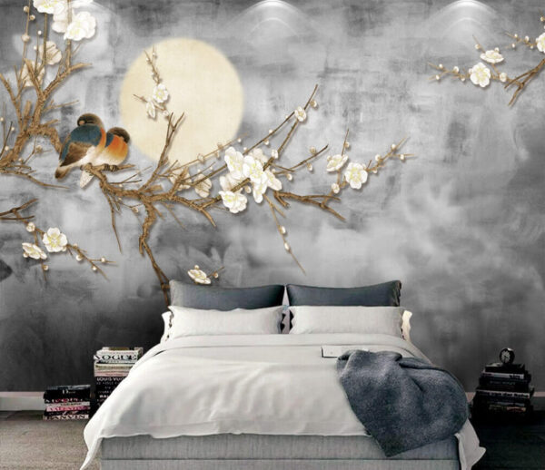 Oiseaux nichés sur une branche fleurie Papier peint Oiseaux nichés sur une branche fleurie