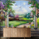 Papier peint Peinture d'un paysage avec un cheval et une maison