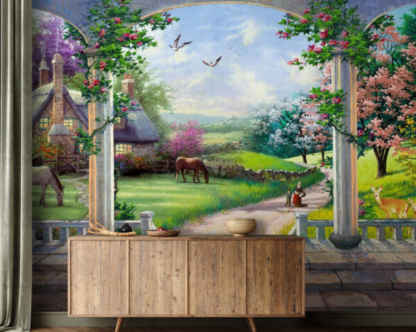 Peinture d'un paysage avec un cheval et une maison Papier peint Peinture d'un paysage avec un cheval et une maison