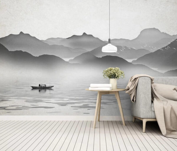 Bateau sur l'eau avec des montagnes en arrière-plan Papier peint Bateau sur l'eau avec des montagnes en arrière-plan