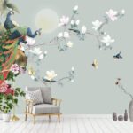 Papier peint Oiseau sur une branche avec des fleurs et des oiseaux