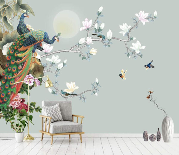 Oiseau sur une branche avec des fleurs et des oiseaux Papier peint Oiseau sur une branche avec des fleurs et des oiseaux