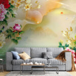 Papier peint Peinture de fleurs et de cygnes