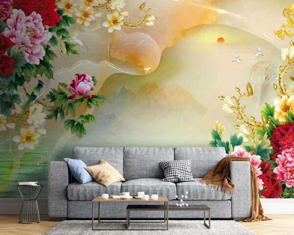 Peinture de fleurs et de cygnes Papier peint Peinture de fleurs et de cygnes