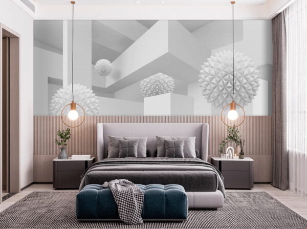 Chambre blanche avec boules blanches Papier peint Chambre blanche avec boules blanches