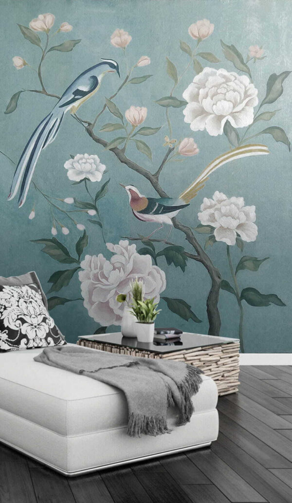 Peinture d'oiseaux sur une branche avec des fleurs Papier peint Peinture d'oiseaux sur une branche avec des fleurs