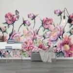 Papier peint Aquarelle de fleurs et d'un papillon