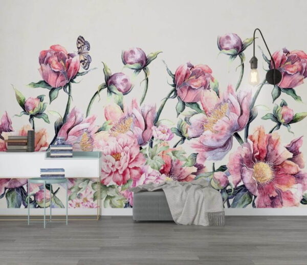 Aquarelle de fleurs et d'un papillon Papier peint Aquarelle de fleurs et d'un papillon