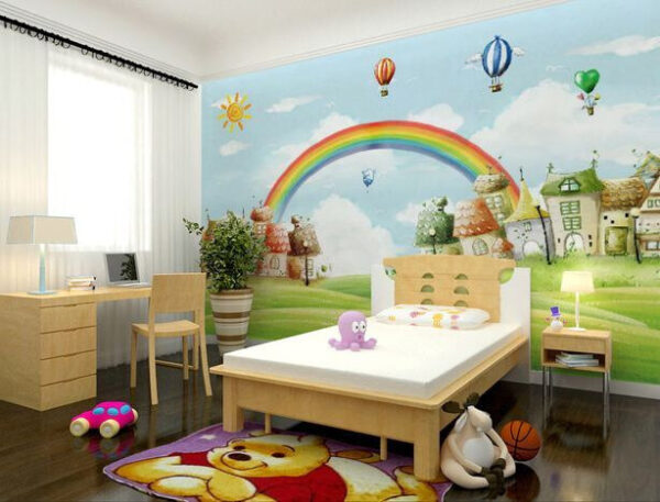 Paysage de dessin animé avec un arc-en-ciel et des maisons Papier peint Paysage de dessin animé avec un arc-en-ciel et des maisons