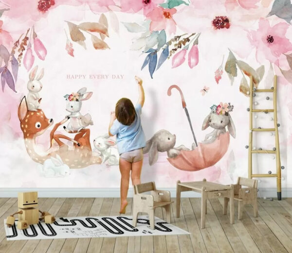 Lapin avec des fleurs sur la tête Papier peint Lapin avec des fleurs sur la tête