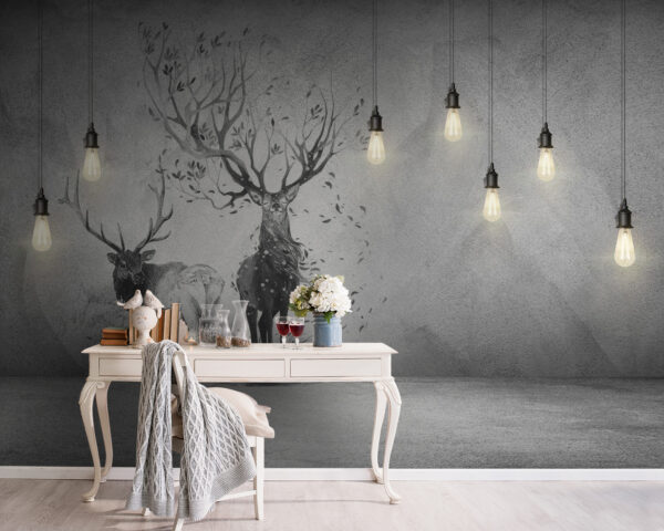 Mur avec un dessin de deux cerfs et des arbres Papier peint Mur avec un dessin de deux cerfs et des arbres