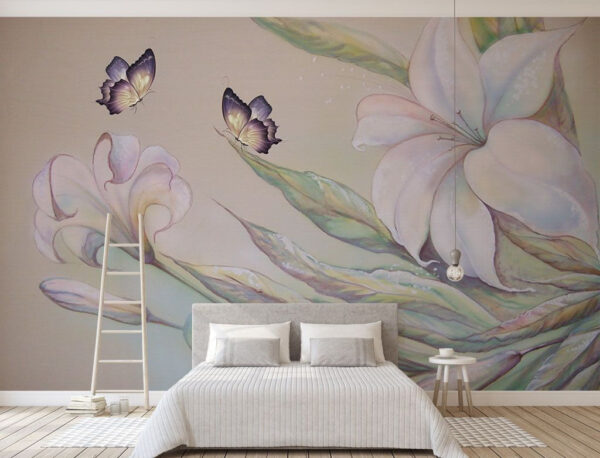 Peinture de fleurs et de papillons Papier peint Peinture de fleurs et de papillons