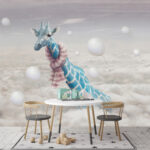 Papier peint Girafe portant une écharpe et une écharpe rose dans le ciel