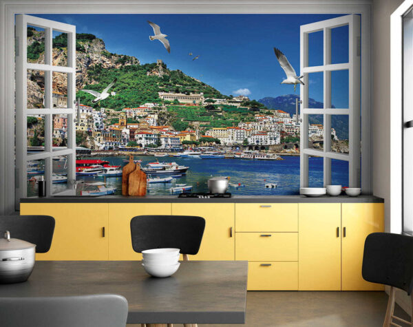 Fenêtre avec vue sur une ville et des bateaux Papier peint Fenêtre avec vue sur une ville et des bateaux
