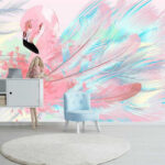 Papier peint Flamant rose avec plumes blanches et bleues