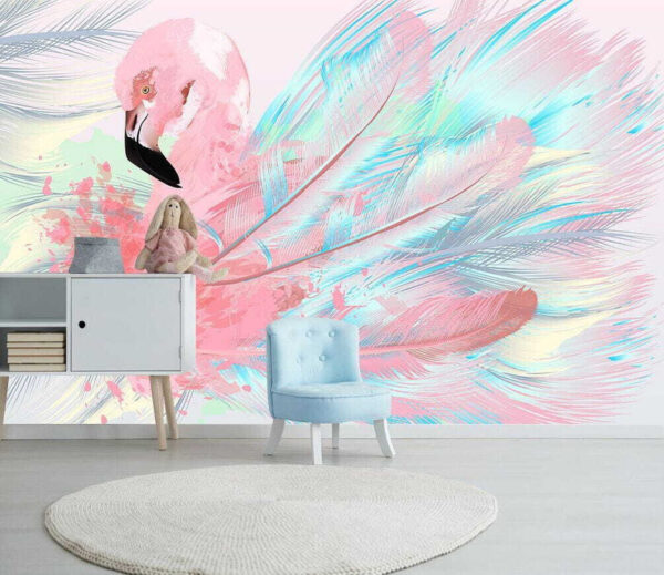 Flamant rose avec plumes blanches et bleues Papier peint Flamant rose avec plumes blanches et bleues