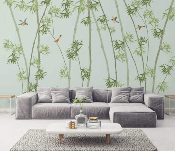 Papier peint avec des branches de bambou et des oiseaux Papier peint Papier peint avec des branches de bambou et des oiseaux