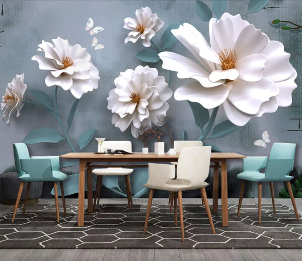 Fleurs blanches avec papillons Papier peint Fleurs blanches avec papillons