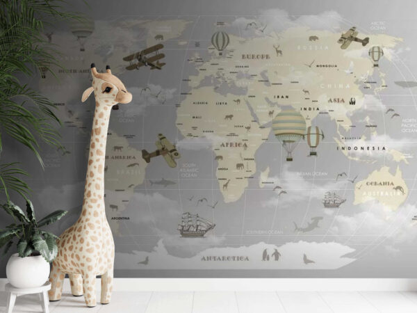 Carte du monde avec avions et montgolfières Papier peint Carte du monde avec avions et montgolfières