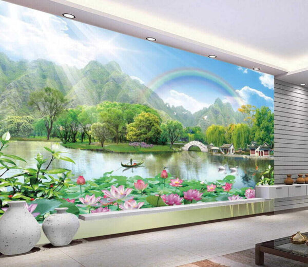 Paysage serein avec des fleurs de lotus Papier peint Paysage serein avec des fleurs de lotus