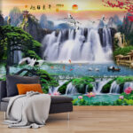 Papier peint Cascade avec oiseaux et fleurs