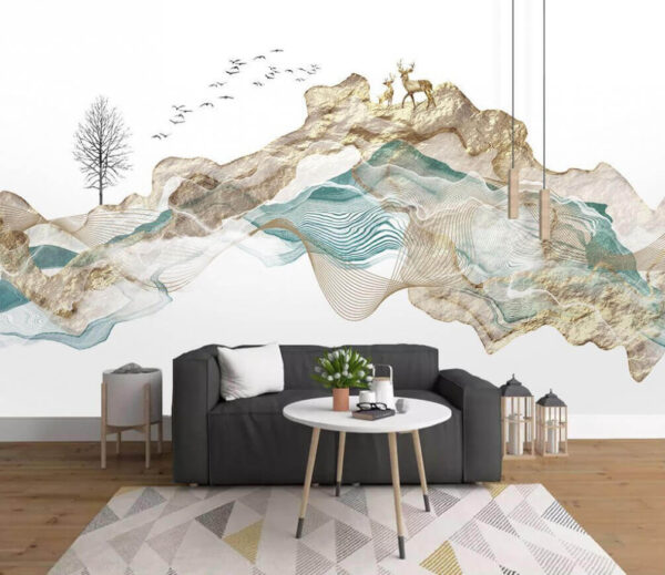 Peinture d'une montagne avec des oiseaux qui volent autour Papier peint Peinture d'une montagne avec des oiseaux qui volent autour