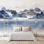 Papier peint Peinture de montagnes et d'un arbre
