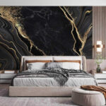 Papier peint Marbre noir avec veines blanches