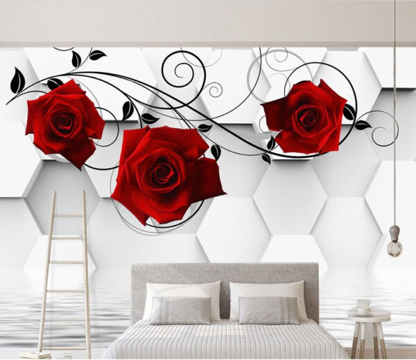 Papier peint avec des roses rouges et des vignes noires Papier peint Papier peint avec des roses rouges et des vignes noires