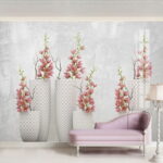 Papier peint Groupe de vases blancs avec fleurs roses