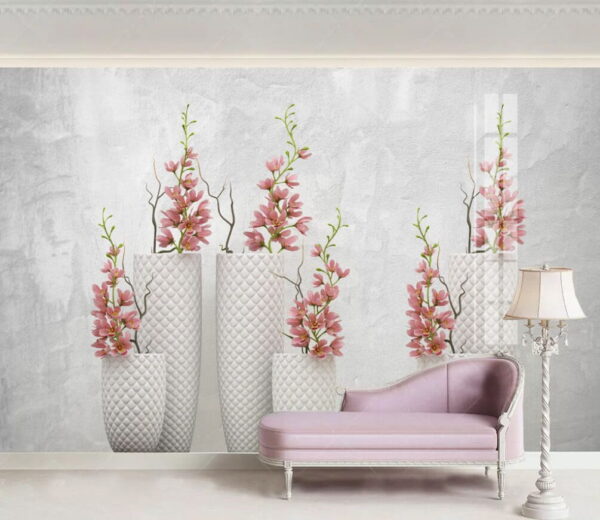 Groupe de vases blancs avec fleurs roses Papier peint Groupe de vases blancs avec fleurs roses