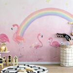 Papier peint Flamant rose sur fond rose