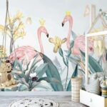 Papier peint Groupe de flamants roses avec couronnes et fleurs