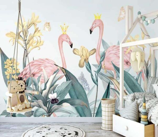 Groupe de flamants roses avec couronnes et fleurs Papier peint Groupe de flamants roses avec couronnes et fleurs