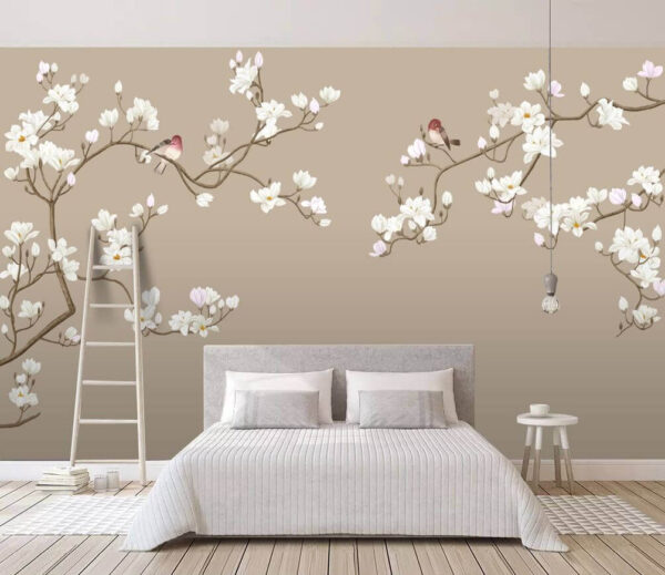Moineaux se reposant sur les branches en fleurs Papier peint Moineaux se reposant sur les branches en fleurs
