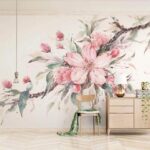 Papier peint Peinture de fleurs roses sur une branche