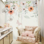 Papier peint Fond blanc avec fleurs et papillons
