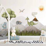 Papier peint Dinosaures de dessins animés dans un paysage