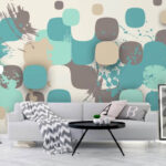 Papier peint Carré gris à pois bleus