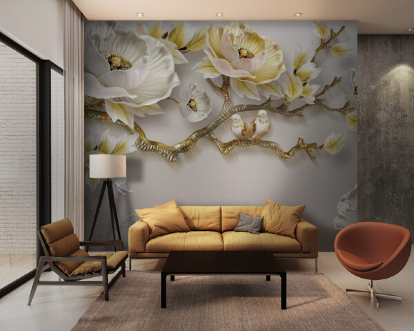 Papier peint avec des fleurs et des oiseaux Papier peint Papier peint avec des fleurs et des oiseaux