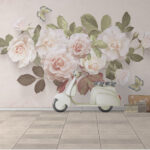 Papier peint Roses délicates avec papillons dansants