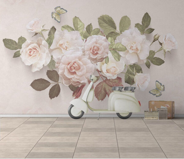 Roses délicates avec papillons dansants Papier peint Roses délicates avec papillons dansants