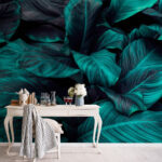 Papier peint Feuilles luxuriantes dans des tons turquoise profonds